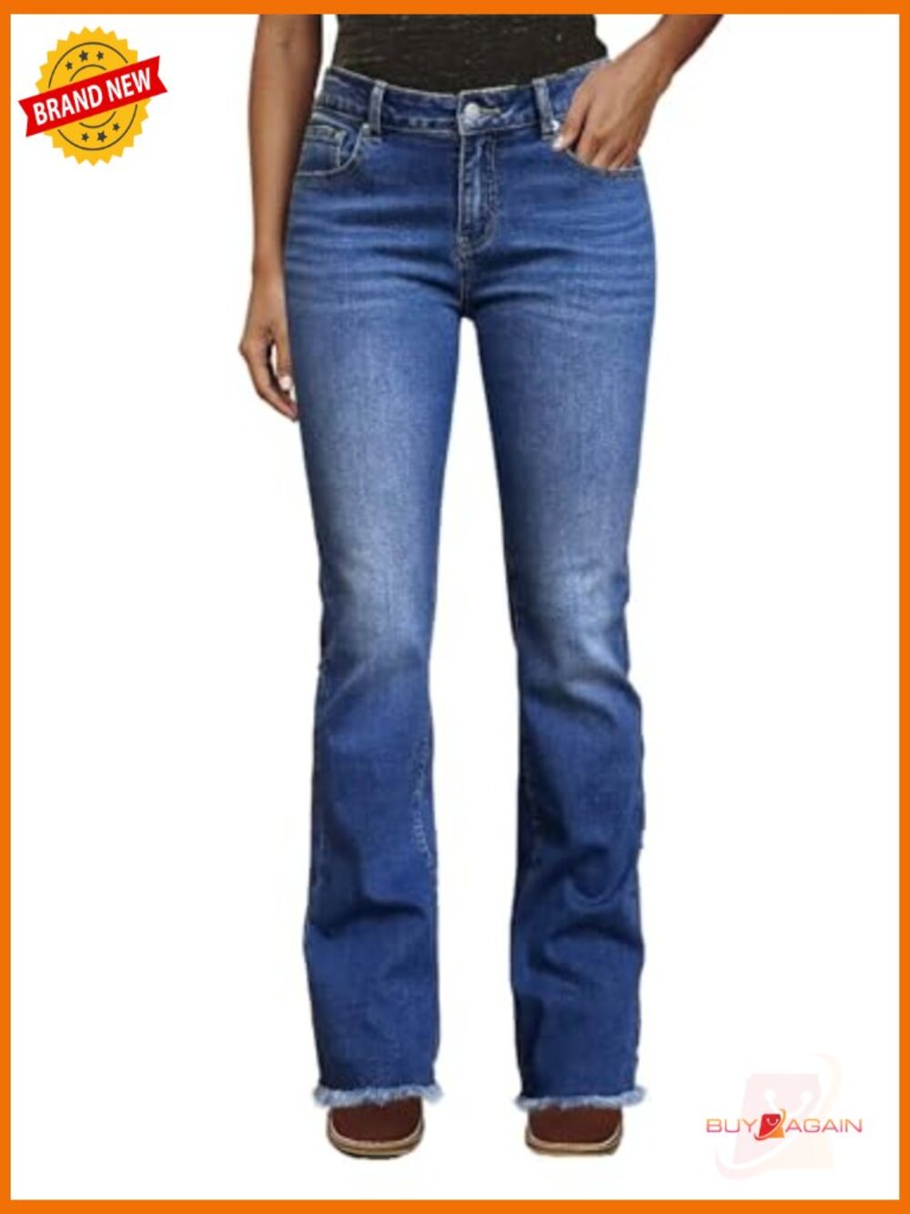 Mid Rise Boot Cut Stretchy Flare Jeans Raw Hem V Cut - Picture 2 of 5